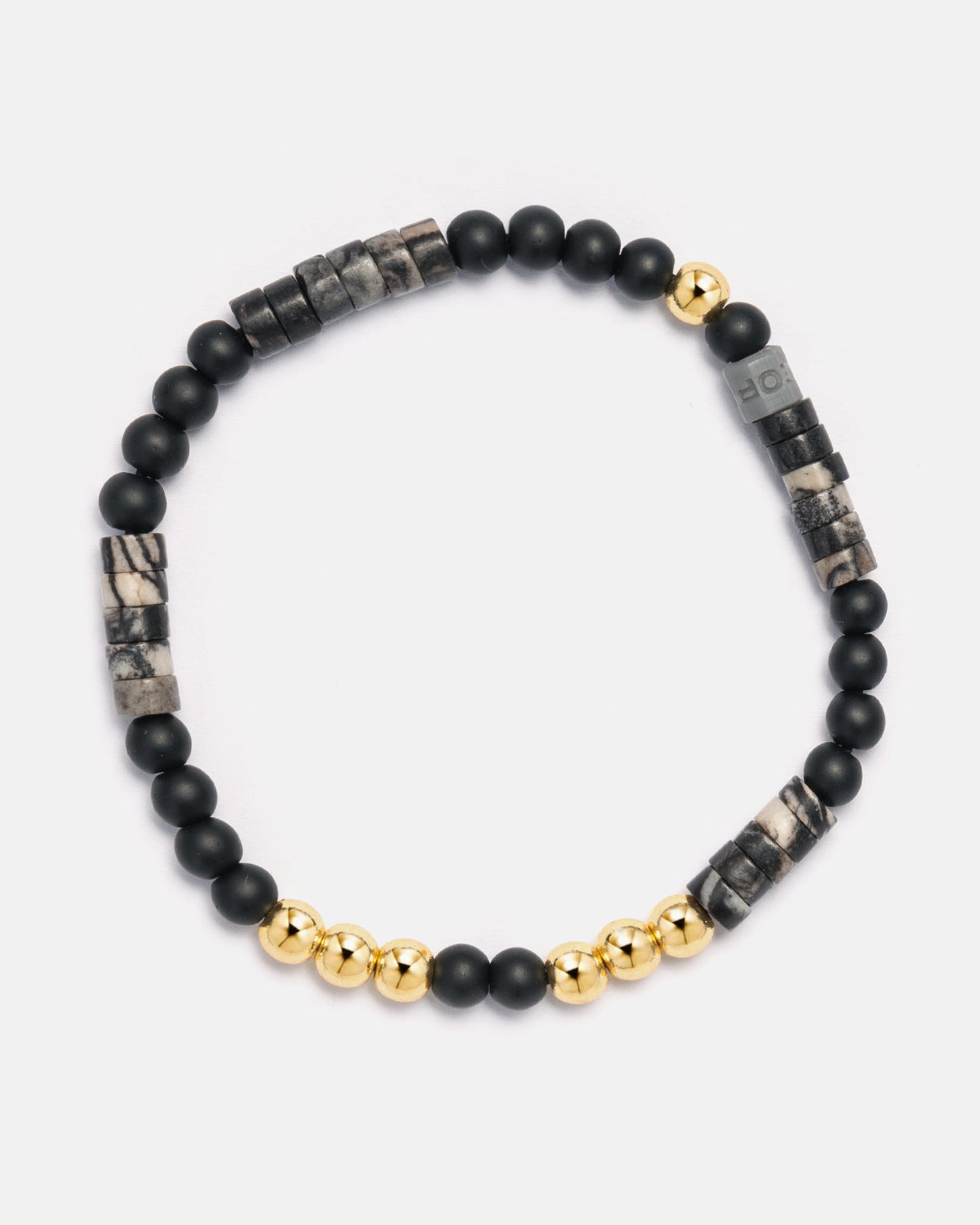 Beaded Bracelet with Black Seed Beads, Marble Discs and 18kt Gold Beads - LEOPINE