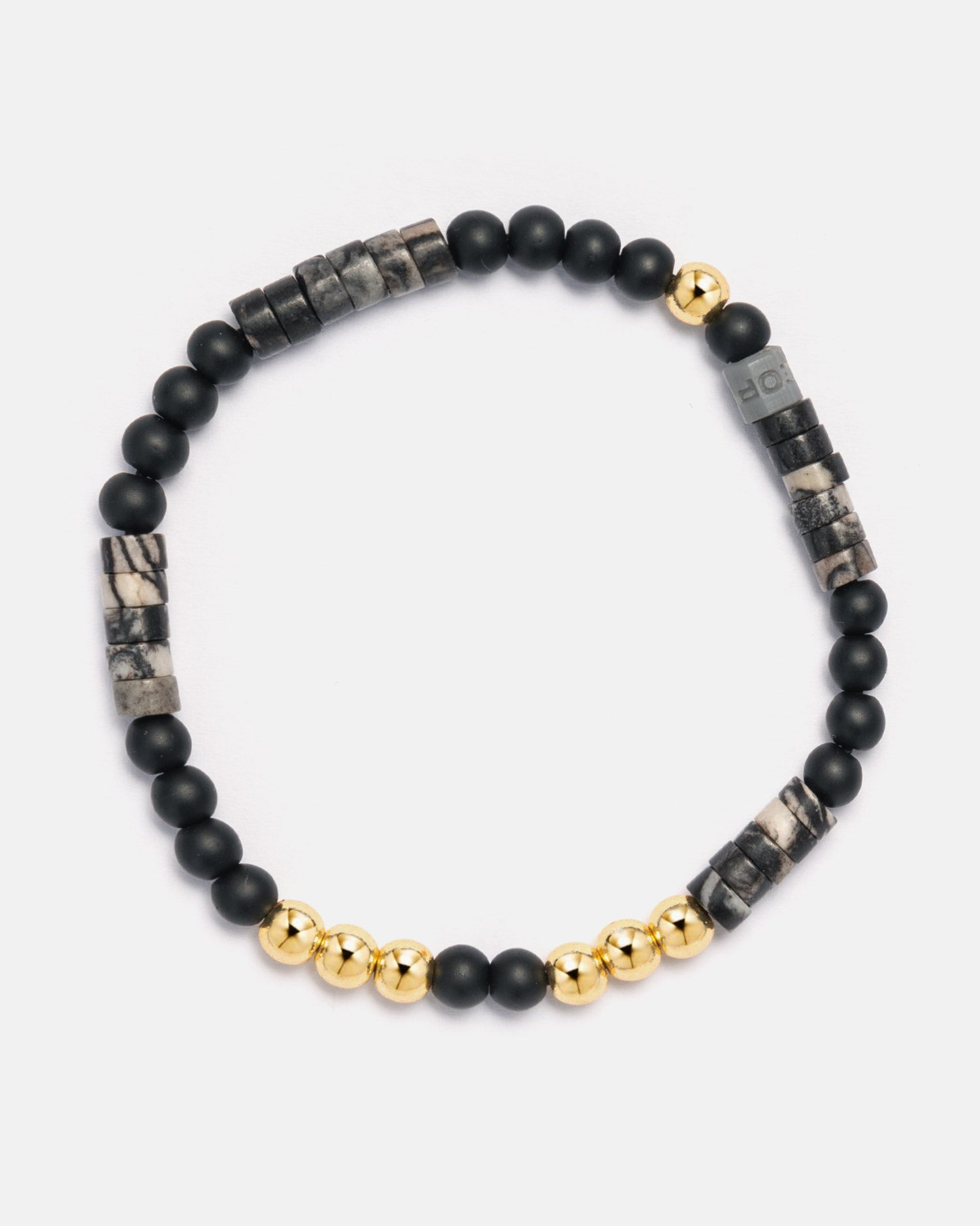 Beaded Bracelet with Black Seed Beads, Marble Discs and 18kt Gold Beads - LEOPINE
