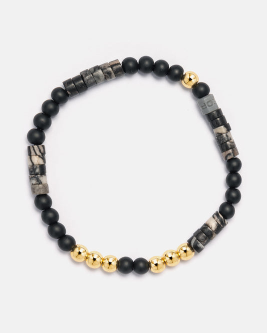 Beaded Bracelet with Black Seed Beads, Marble Discs and 18kt Gold Beads - LEOPINE
